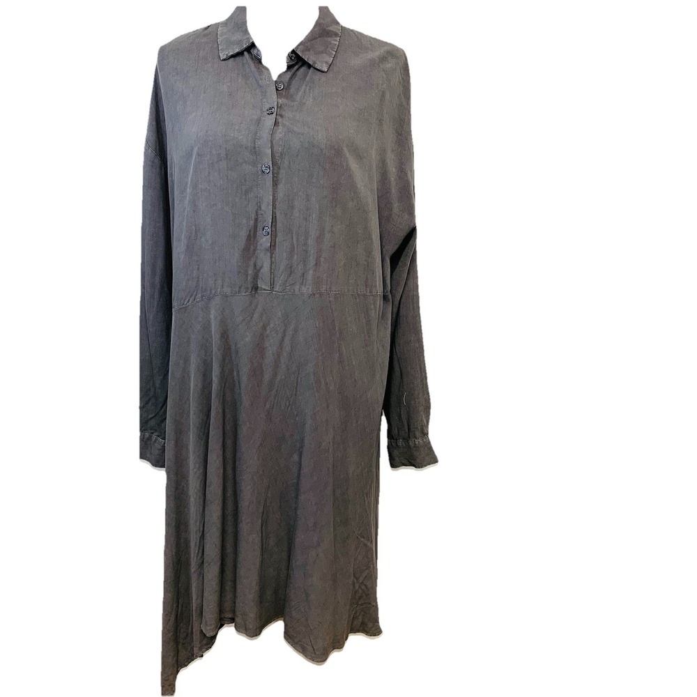 Cupio Gray Chambray Dress XL Asymmetric 1/2 Button Long Roll Tab Lagnlook Casual